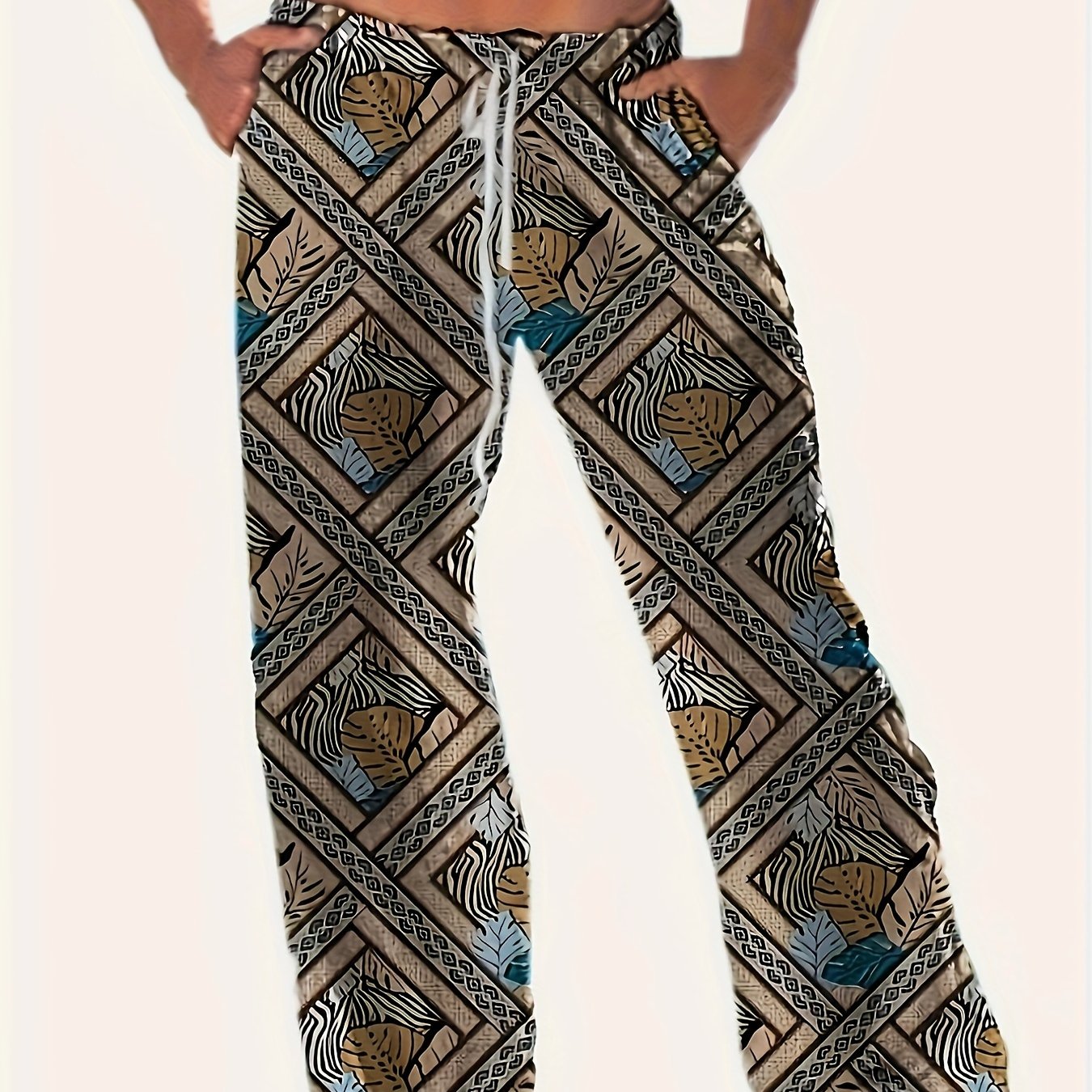 Men's Note Pattern Print Drawstring Bell-bottom Pants Beach Pant Portray Pattern Casual Slim Pants Streetwear Hip Hop Rapper Style